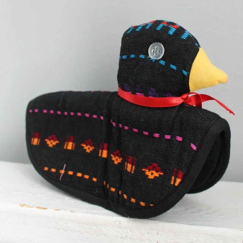 Vintage Handmade Black Multicolor Duck Embroidered Pattern Pot Holder